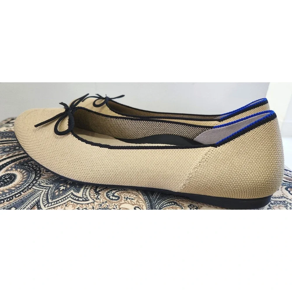 Rothys The Bow Flat Fawn Tan Navy Blue Trim Sustainable Washable Shoes W10 - Picture 3 of 9
